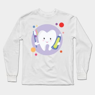 Clean Teeth With Smiling Happy Kawaii Cute Tooth Holding Toothpaste And Toothbrush Long Sleeve T-Shirt